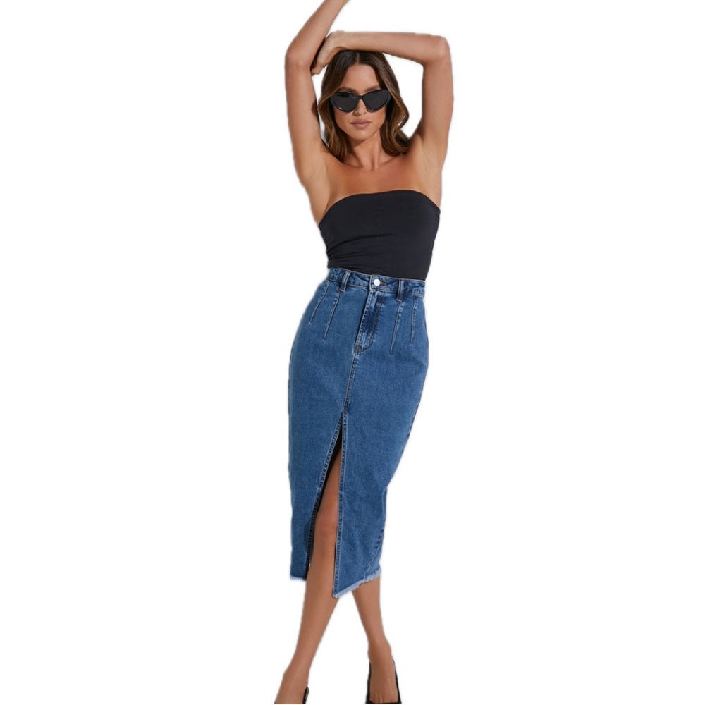 Janeve Midi Skirt - Front Split Denim Skirt in Dark Blue